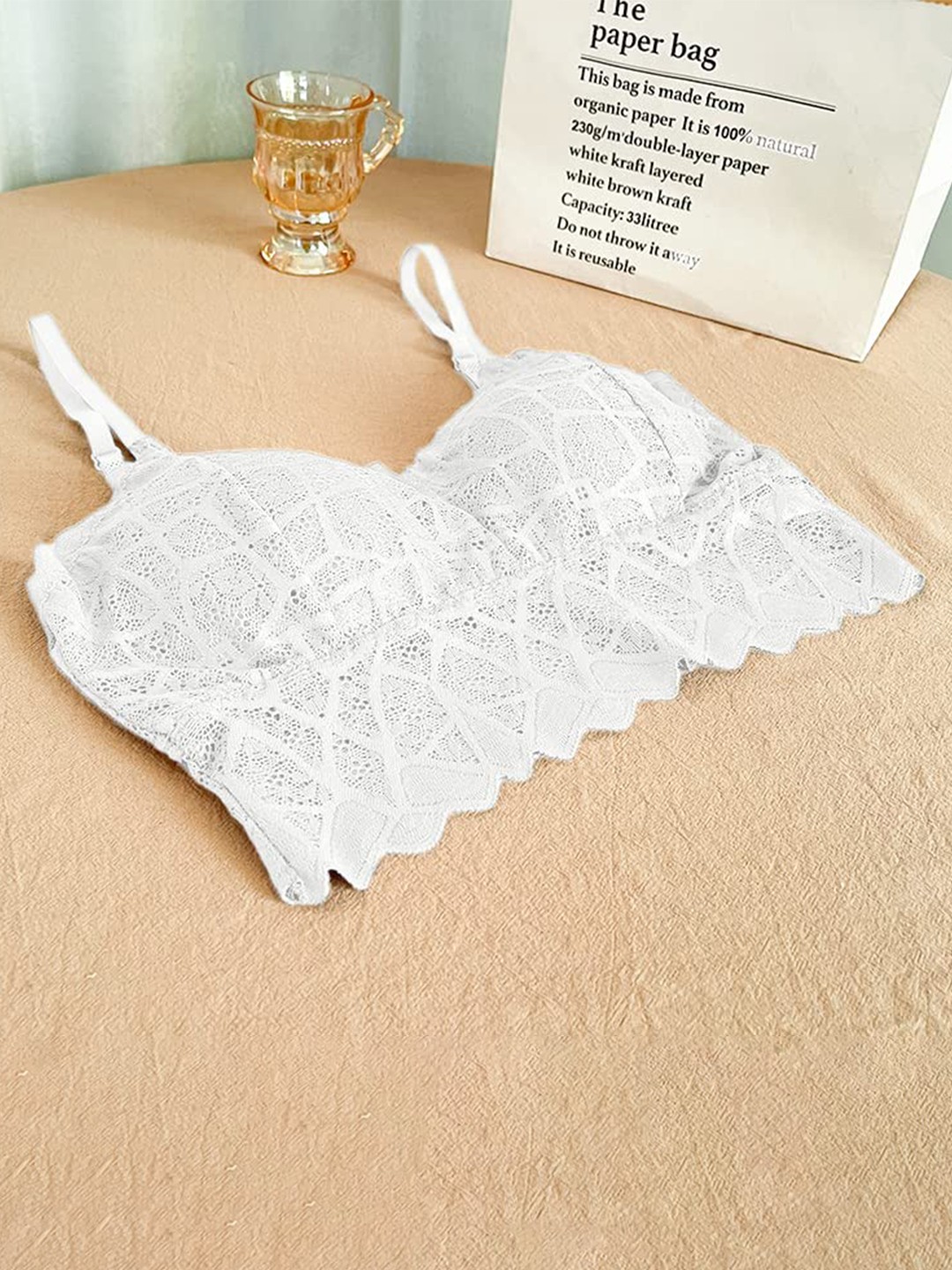 

VAGHBHATT White Floral Bralette Bra Half Coverage Lightly Padded