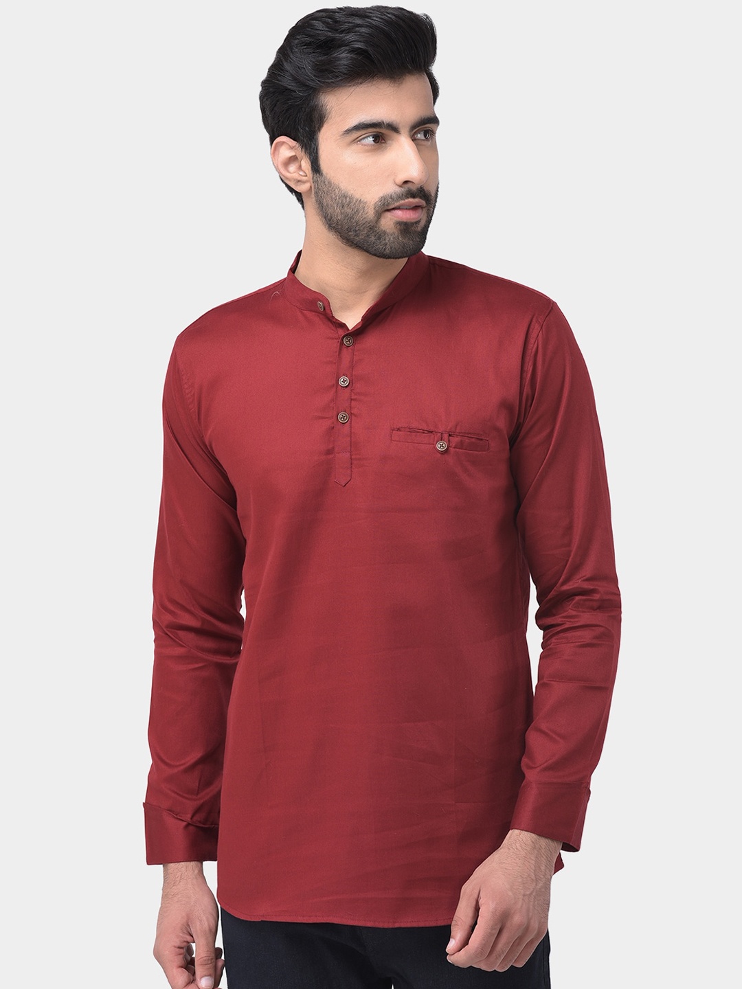 

SG LEMAN Mandarin Collar Cotton Silk Kurta, Maroon