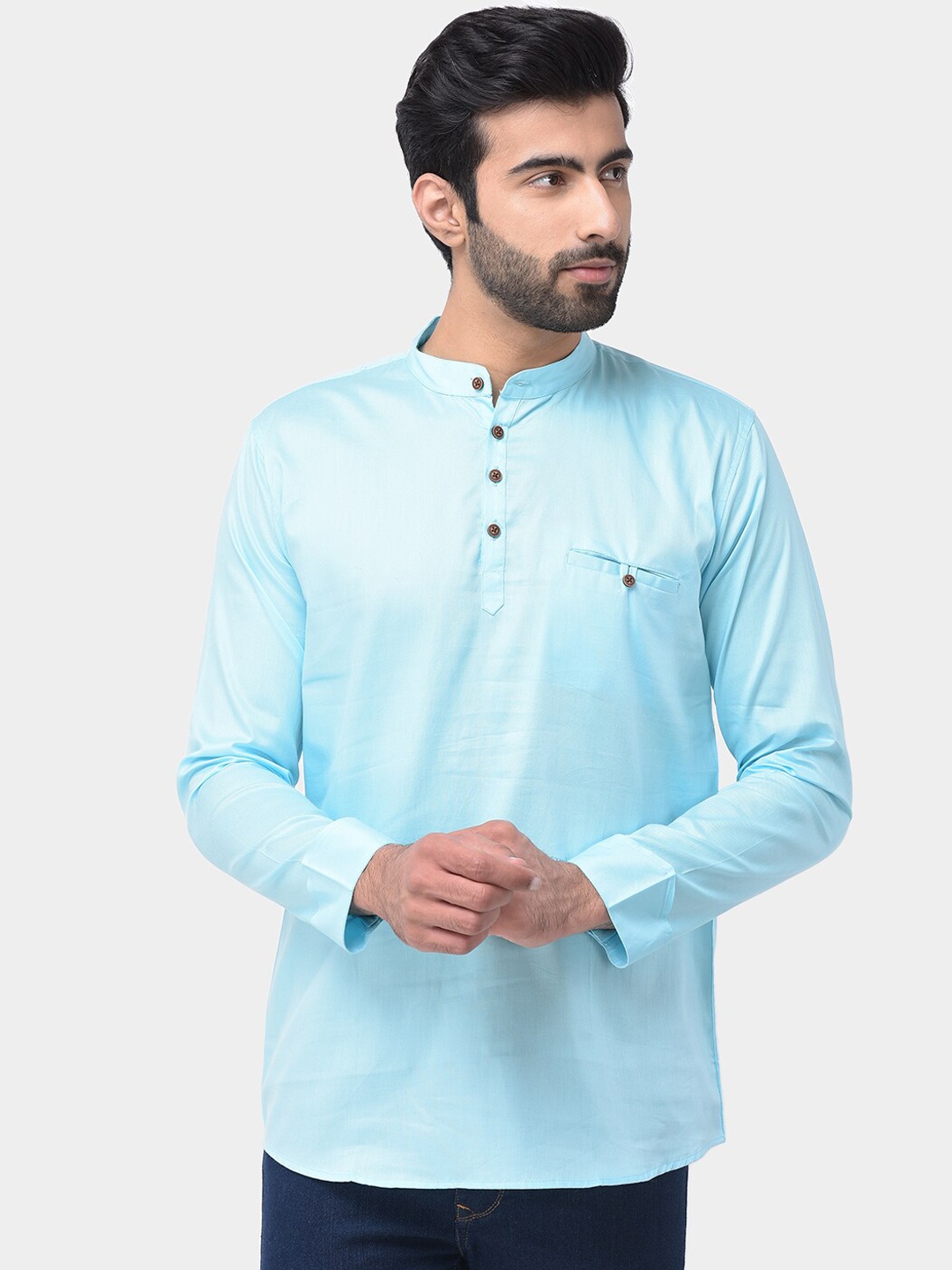 

SG LEMAN Mandarin Collar Cotton Silk Kurta, Turquoise blue