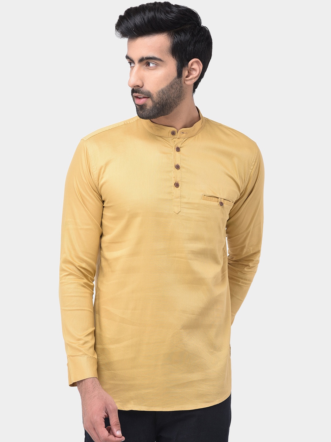 

SG LEMAN Mandarin Collar Cotton Silk Kurta, Gold