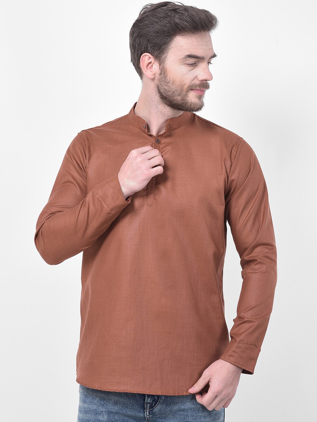 

SG LEMAN Mandarin Collar Cotton Silk Kurta, Brown