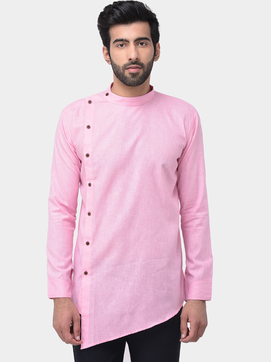 

SG LEMAN Mandarin Collar Cotton Silk Kurta, Pink