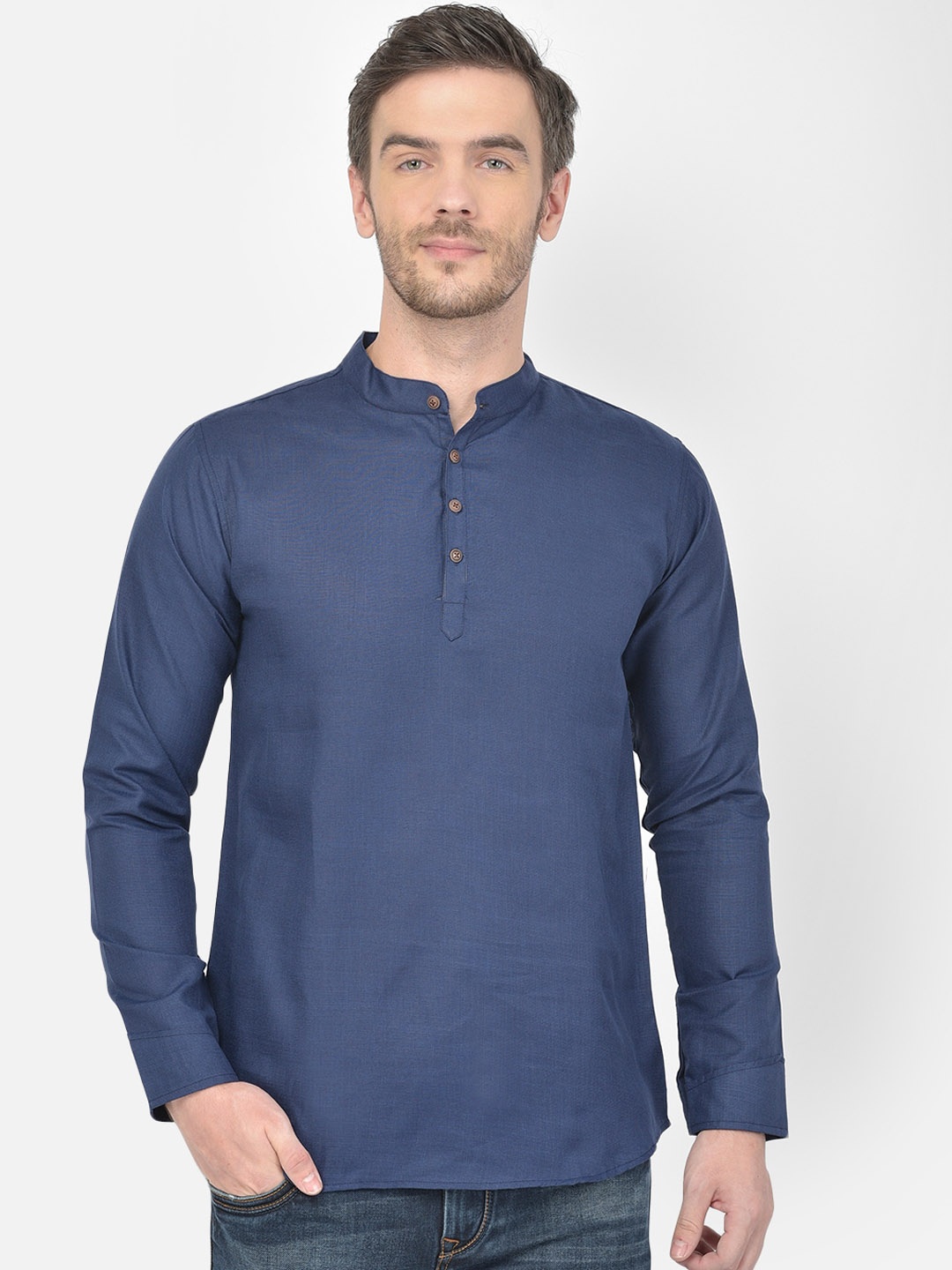 

SG LEMAN Mandarin Collar Cotton Silk Kurta, Navy blue