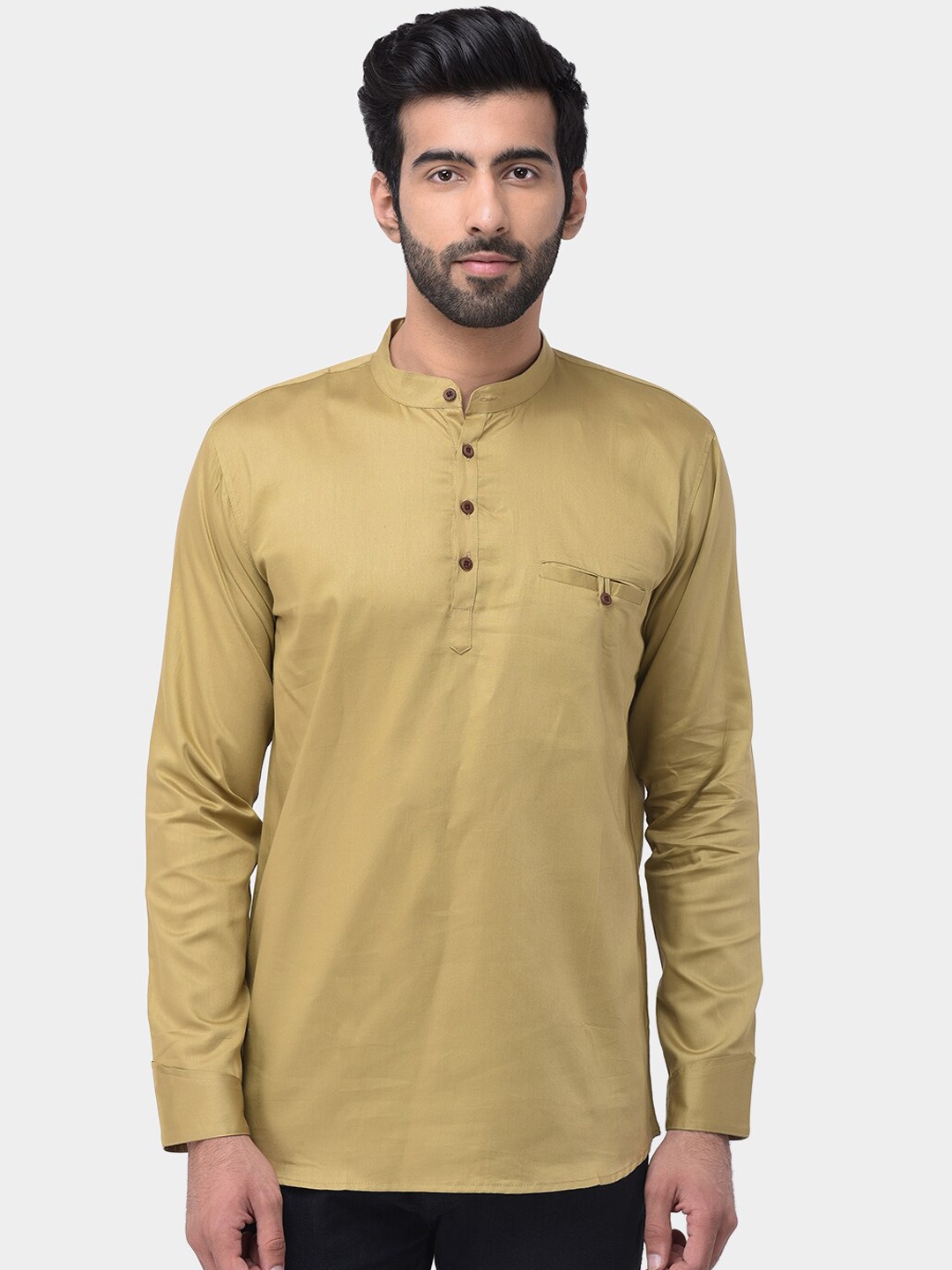 

SG LEMAN Mandarin Collar Cotton Silk Kurta, Gold