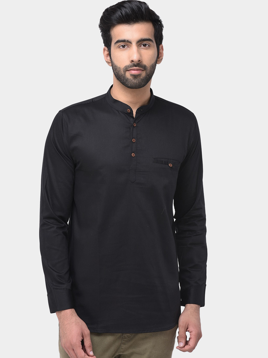 

SG LEMAN Mandarin Collar Cotton Silk Kurta, Black