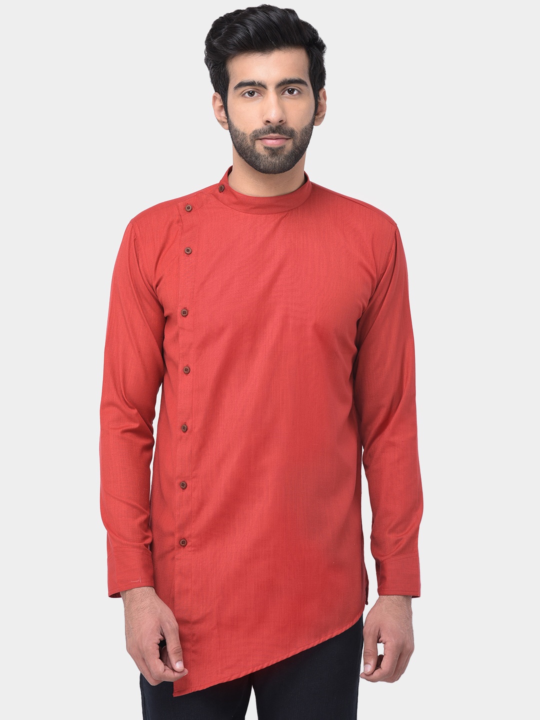 

SG LEMAN Mandarin Collar Cotton Silk Angrakha Kurta, Maroon
