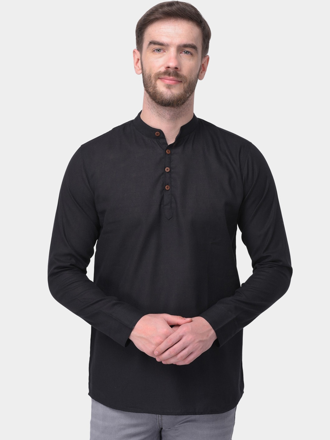 

SG LEMAN Mandarin Collar Cotton Silk Kurta, Black