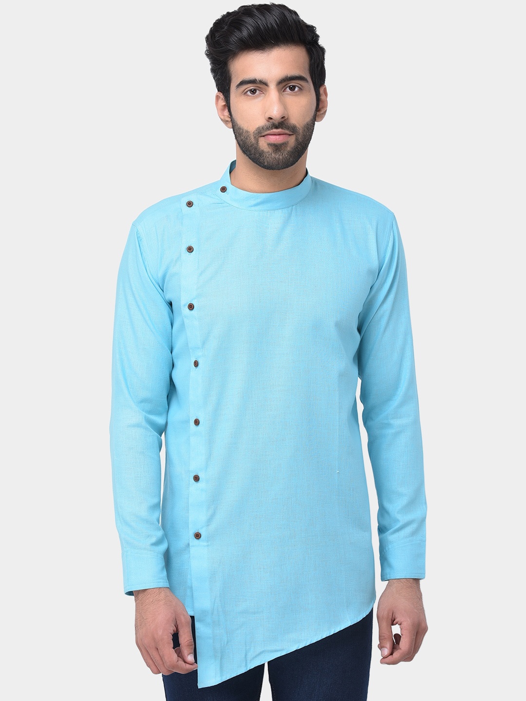 

SG LEMAN Mandarin Collar Cotton Silk Angrakha Kurta, Blue