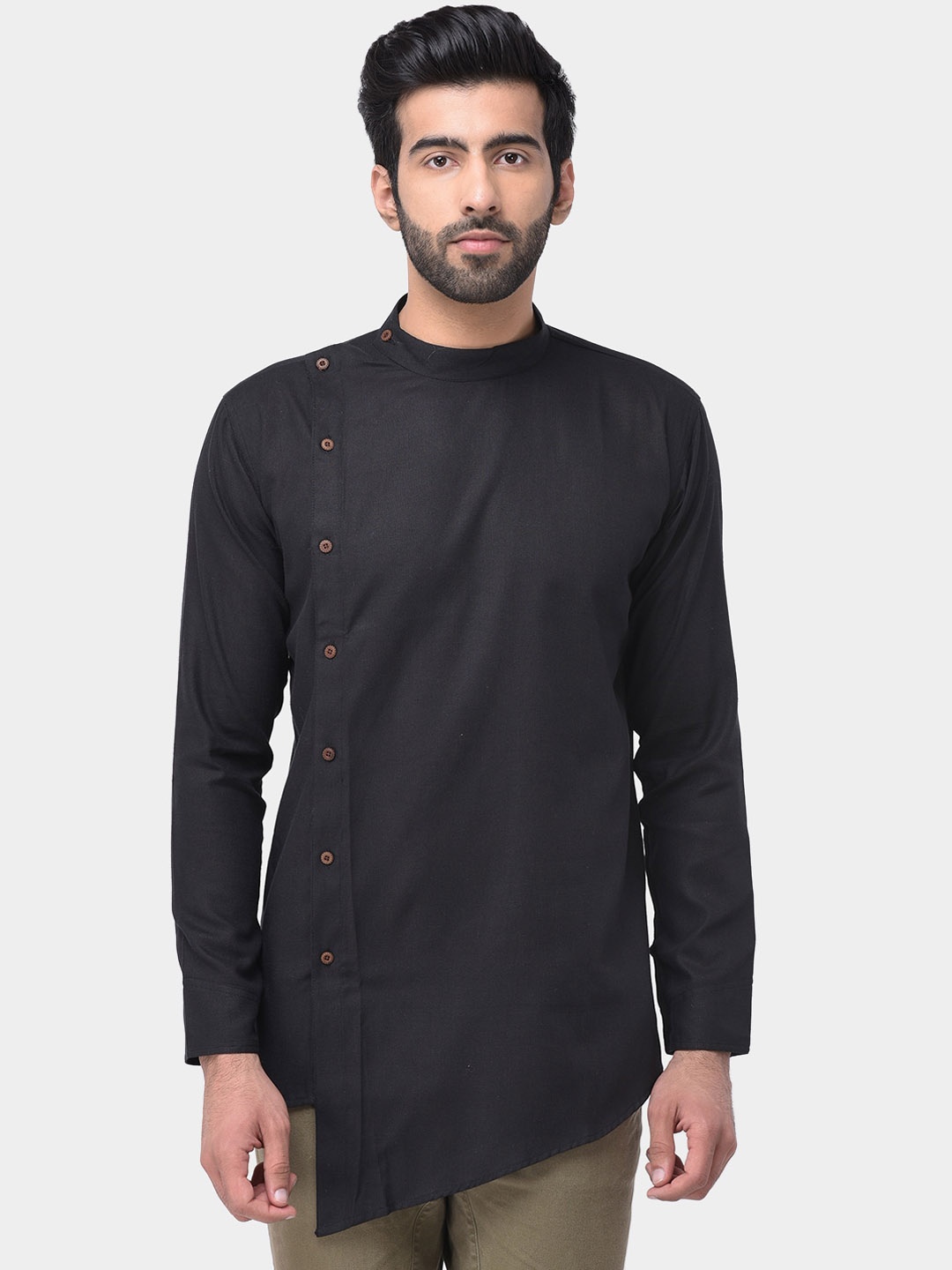 

SG LEMAN Mandarin Collar Cotton Silk Angrakha Kurta, Black