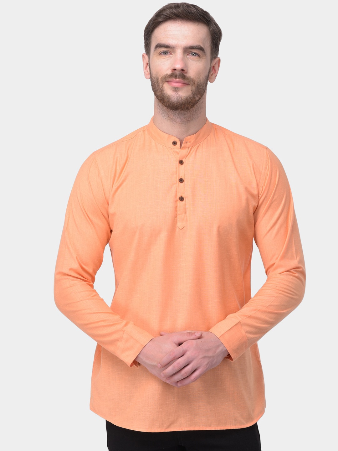 

SG LEMAN Band Collar Cotton Silk Straight Kurta, Peach