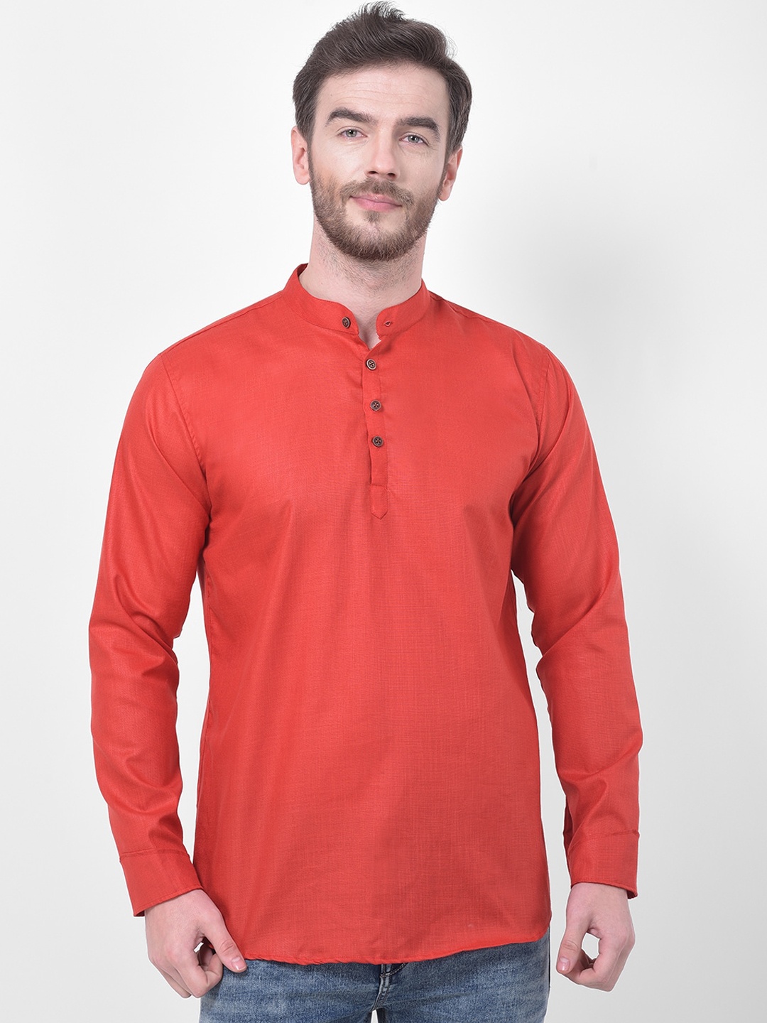 

SG LEMAN Band Collar Cotton Silk Straight Kurta, Red