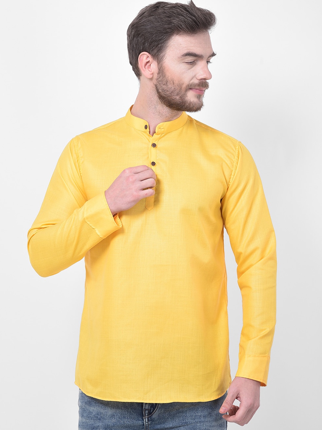 

SG LEMAN Band Collar Cotton Silk Straight Kurta, Yellow