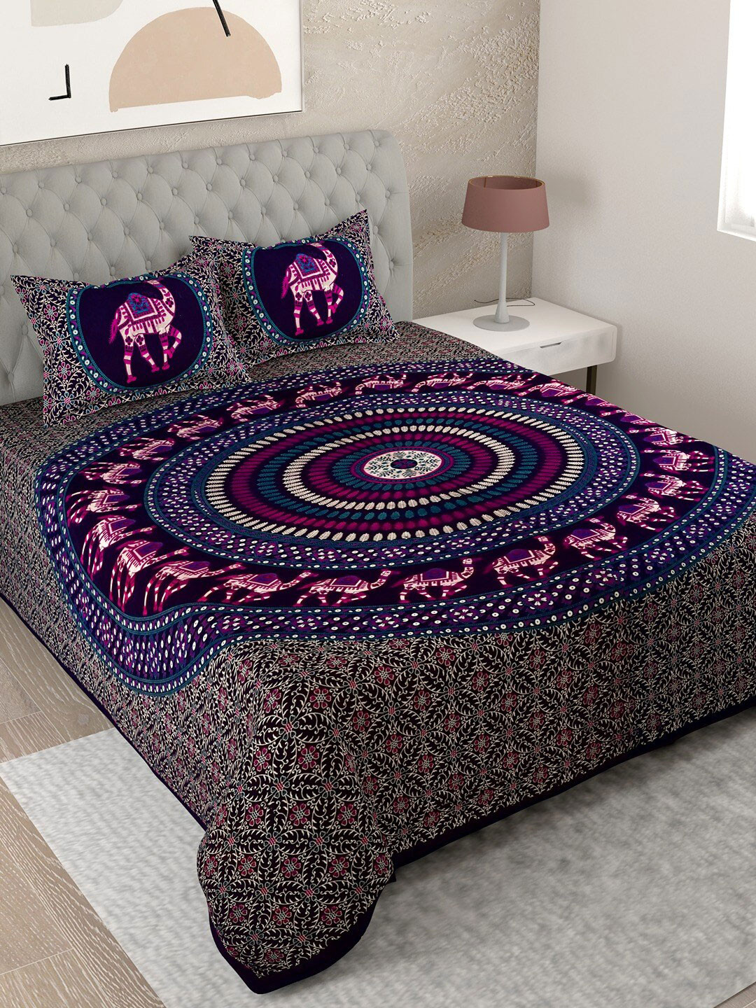

UNIQCHOICE Purple & Pink Printed Cotton 144 TC King Bedsheet with 2 Pillow Covers