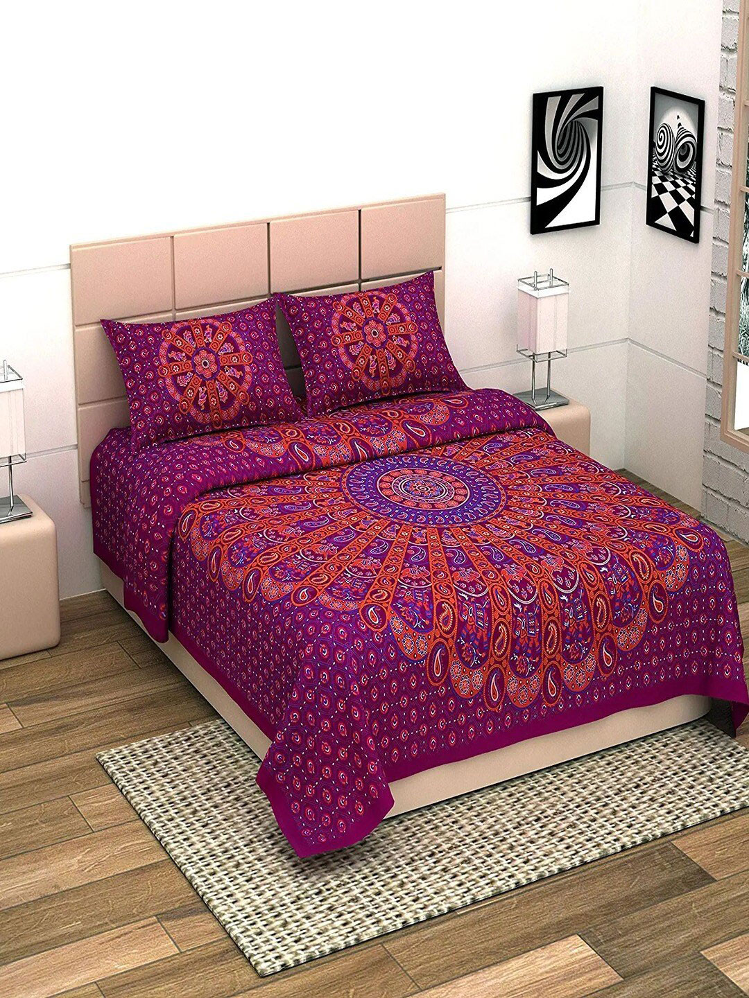 

UNIQCHOICE Purple & Maroon Printed Cotton 144 TC King Bedsheet with 2 Pillow Covers
