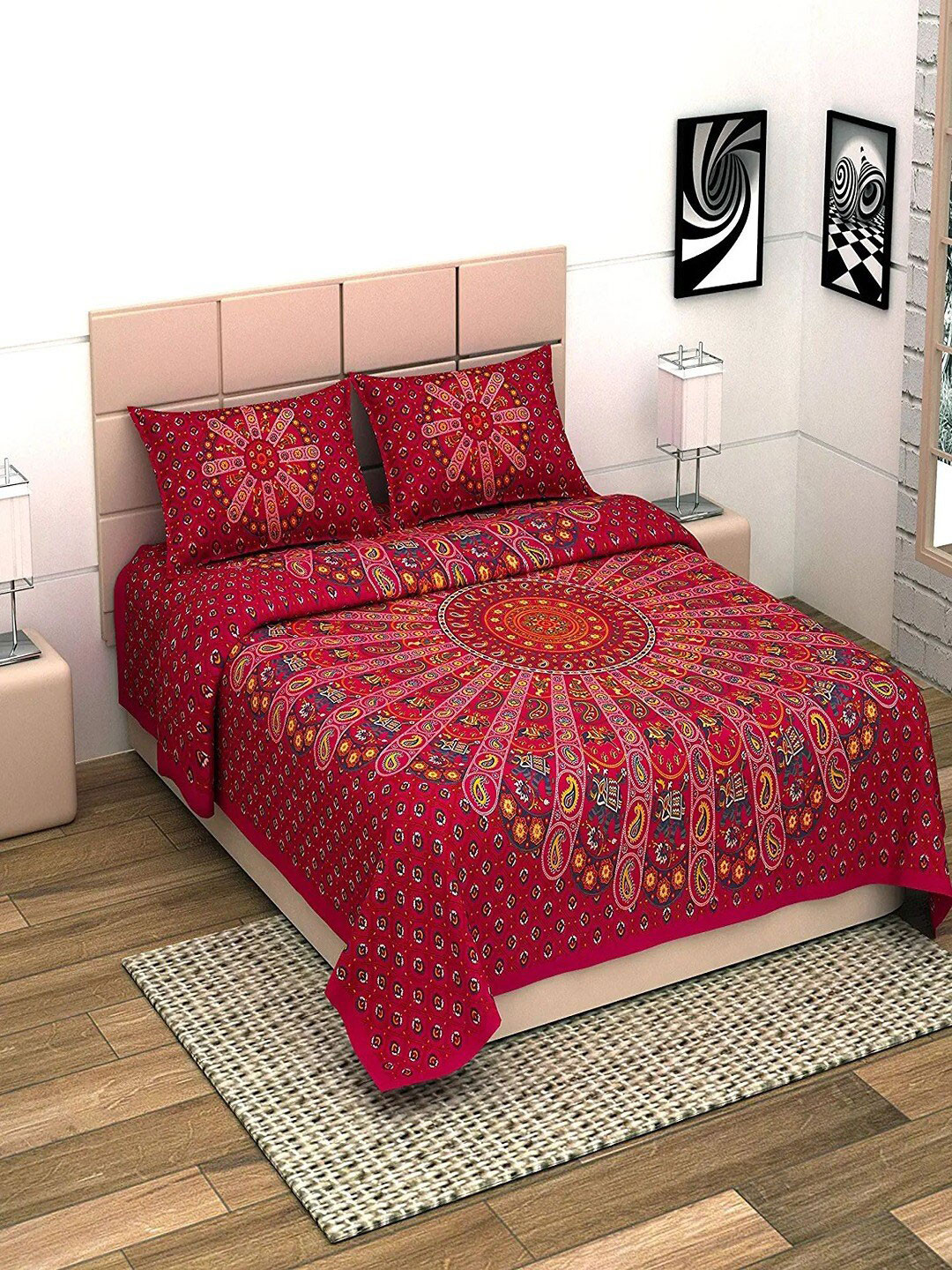 

UNIQCHOICE Red & Pink Printed Cotton 144 TC King Bedsheet with 2 Pillow Covers