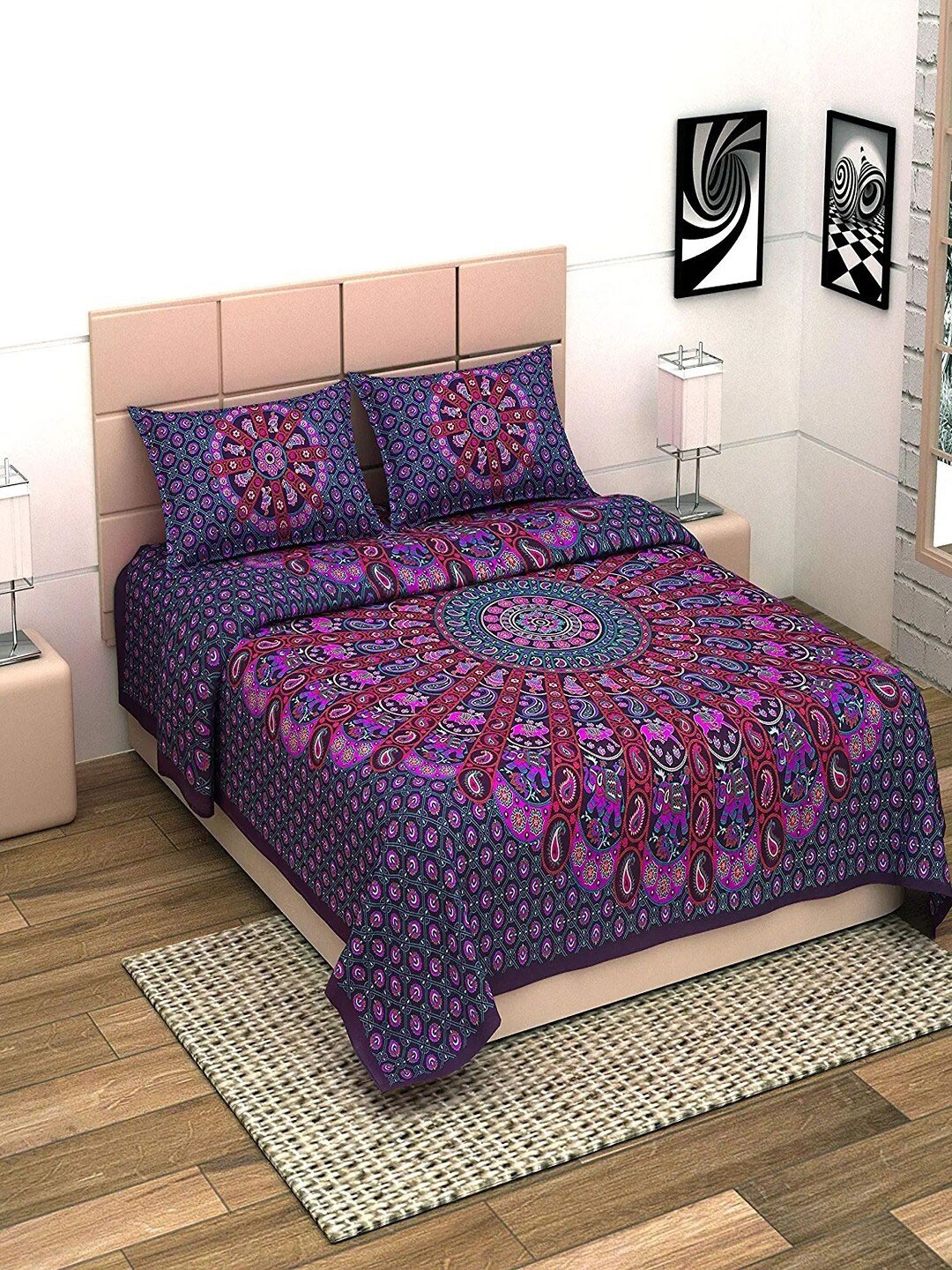 

UNIQCHOICE Blue & Purple Printed Cotton 144 TC King Bedsheet with 2 Pillow Covers