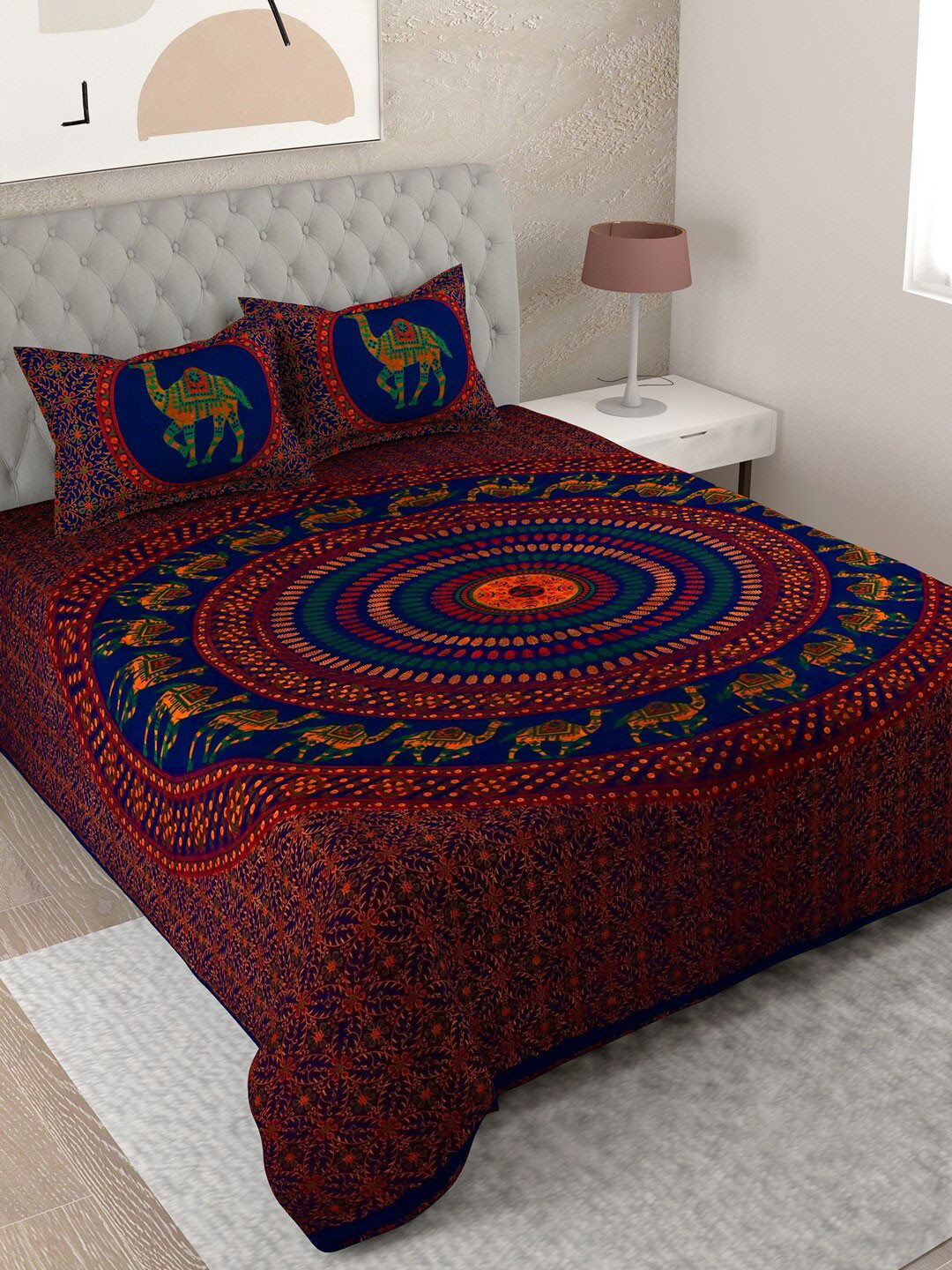 

UNIQCHOICE Red & Blue Printed Cotton 144 TC King Bedsheet with 2 Pillow Covers