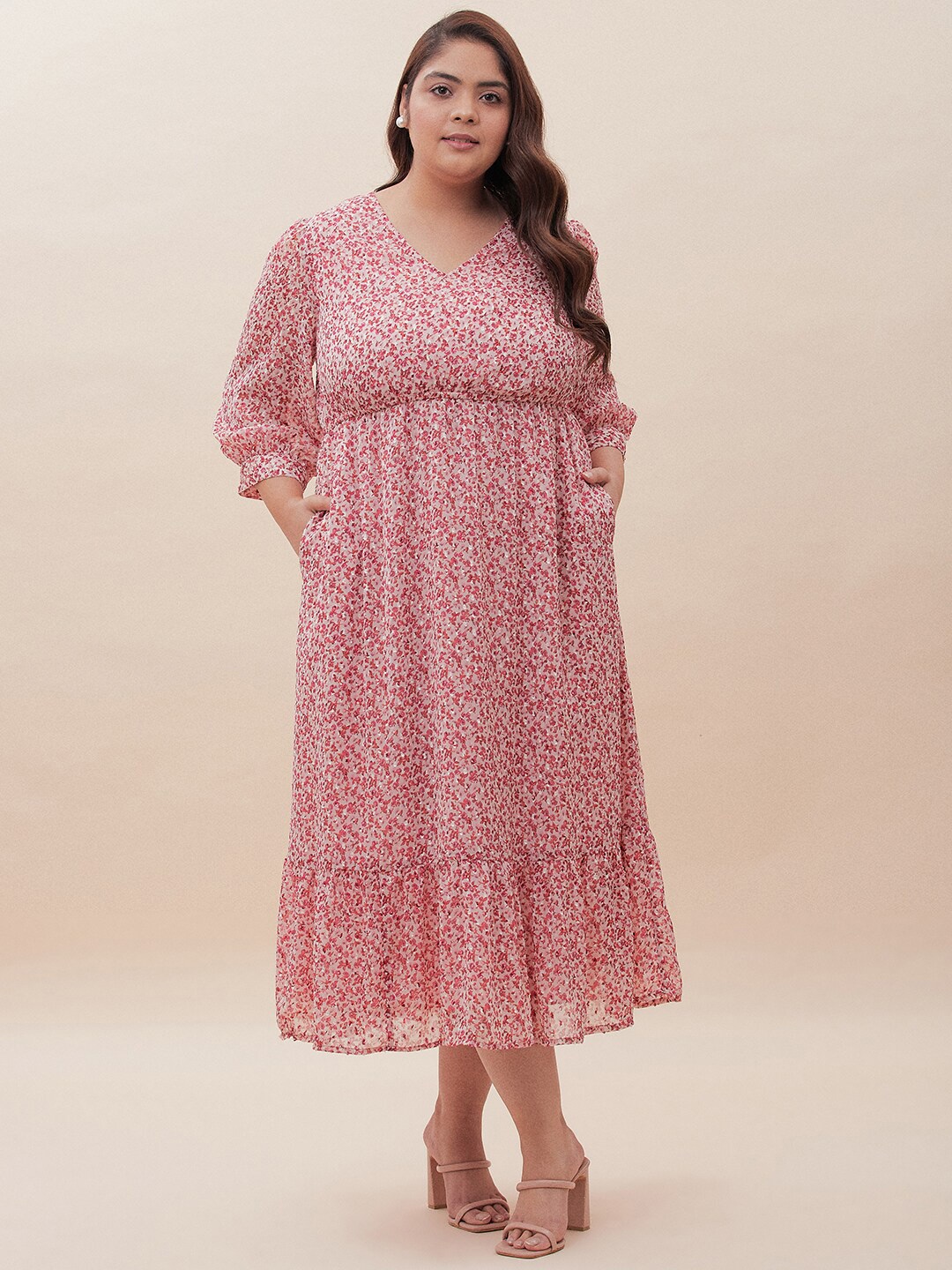 

Femella Floral Printed Puff Sleeve A-Line Midi Dress, Pink
