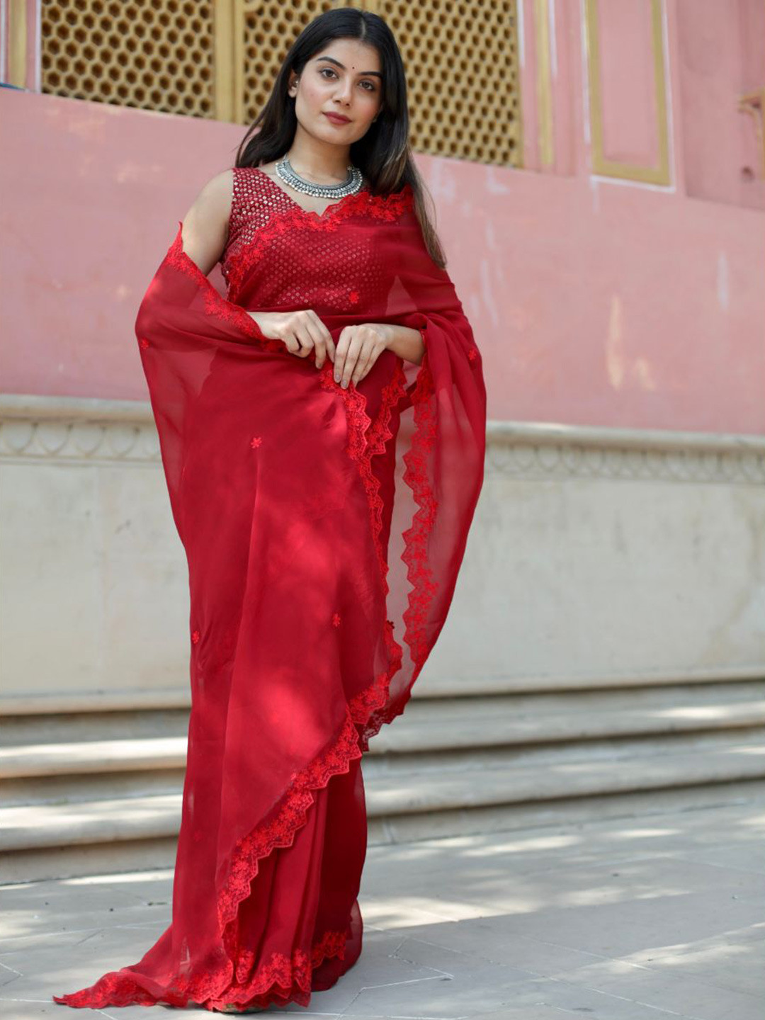 

ASRUMO Floral Embroidered Organza Saree, Red