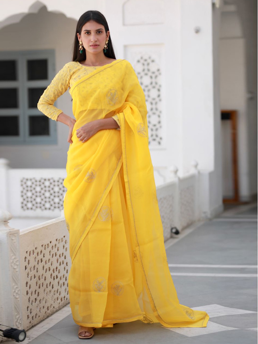 

ASRUMO Floral Embroidered Organza Saree, Yellow