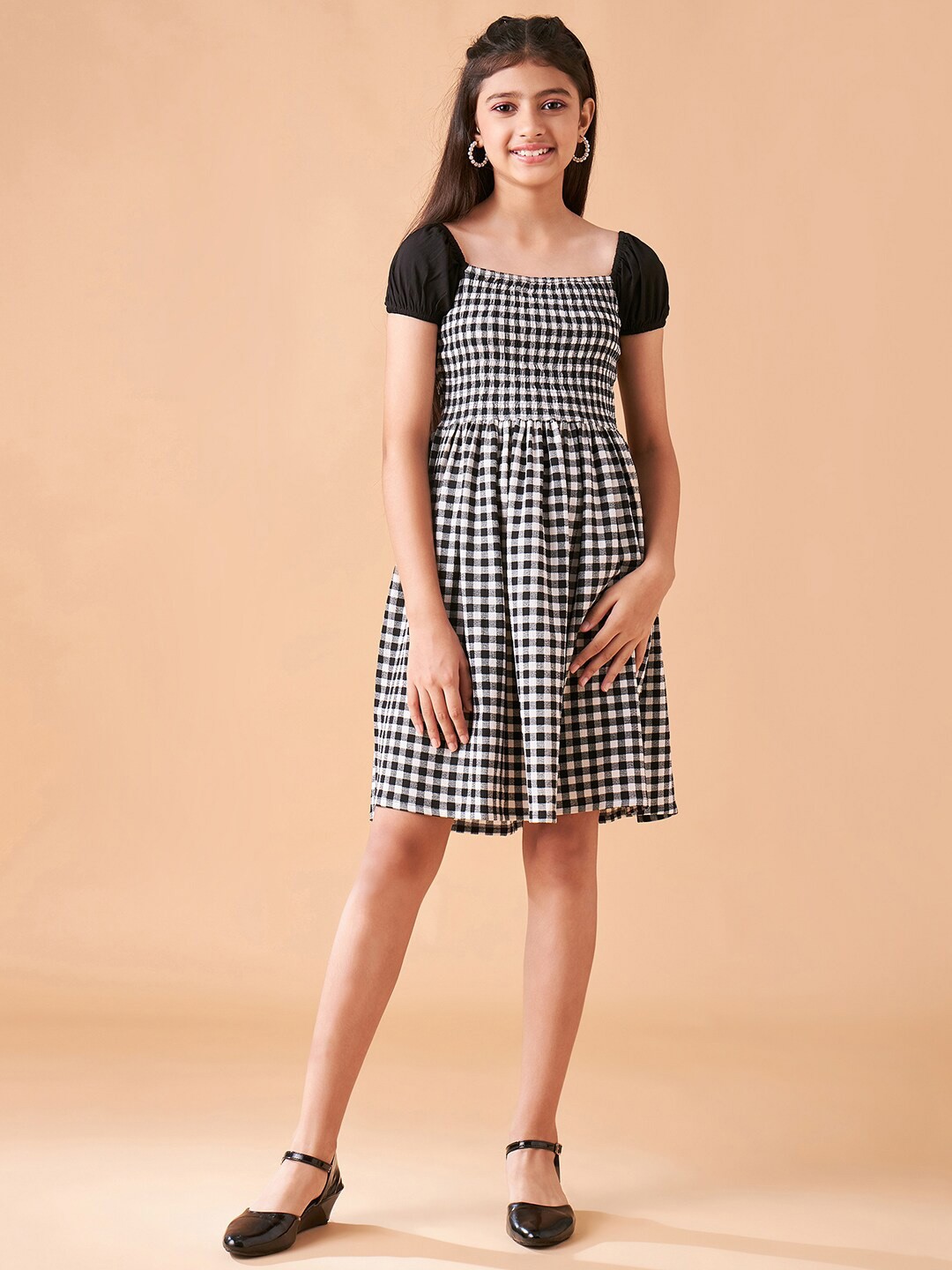 

Cherry & Jerry Girls Checked Puff Seeves Fit & Flare Dress, Black