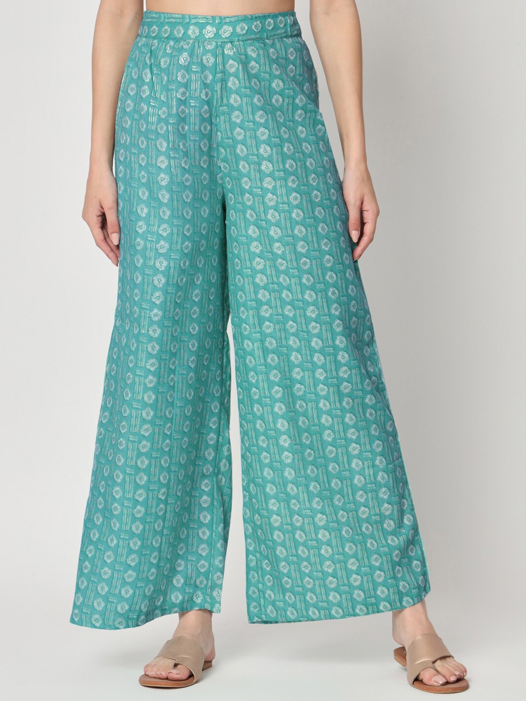 

9rasa Women Cotton Gold Foil Printed Palazzo, Turquoise blue