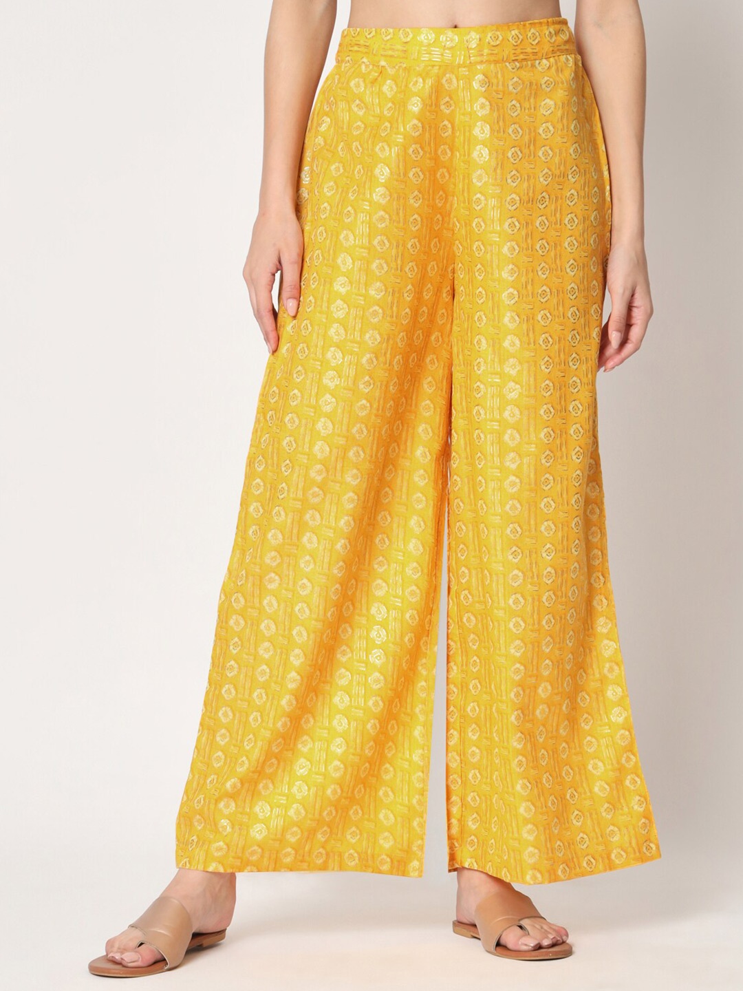 

9rasa Women Cotton Gold Foil Printed Palazzo, Yellow
