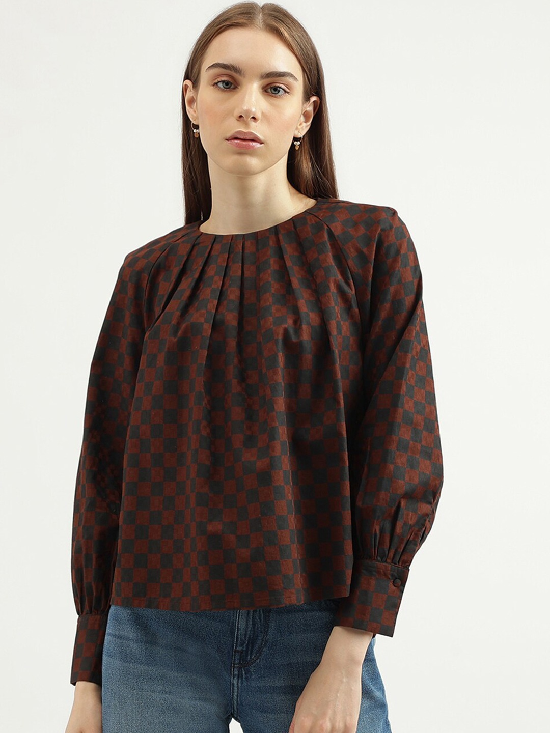 United Colors of Benetton Checked Raglan Sleeves Cotton Top, Brown