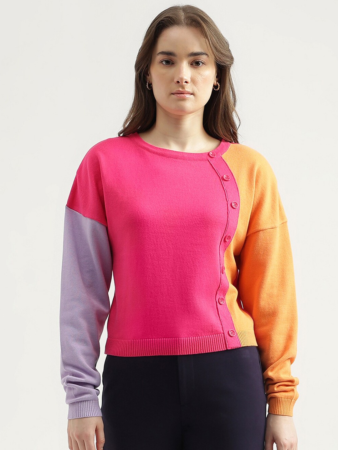 

United Colors of Benetton Colourblocked Ribbed Cotton Pullover Sweater, Pink