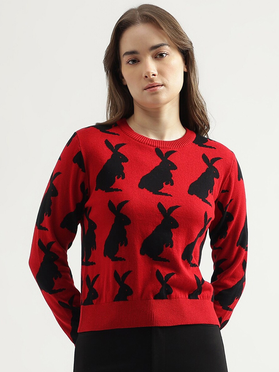

United Colors of Benetton Conversational Printed Cotton Pullover Sweater, Red