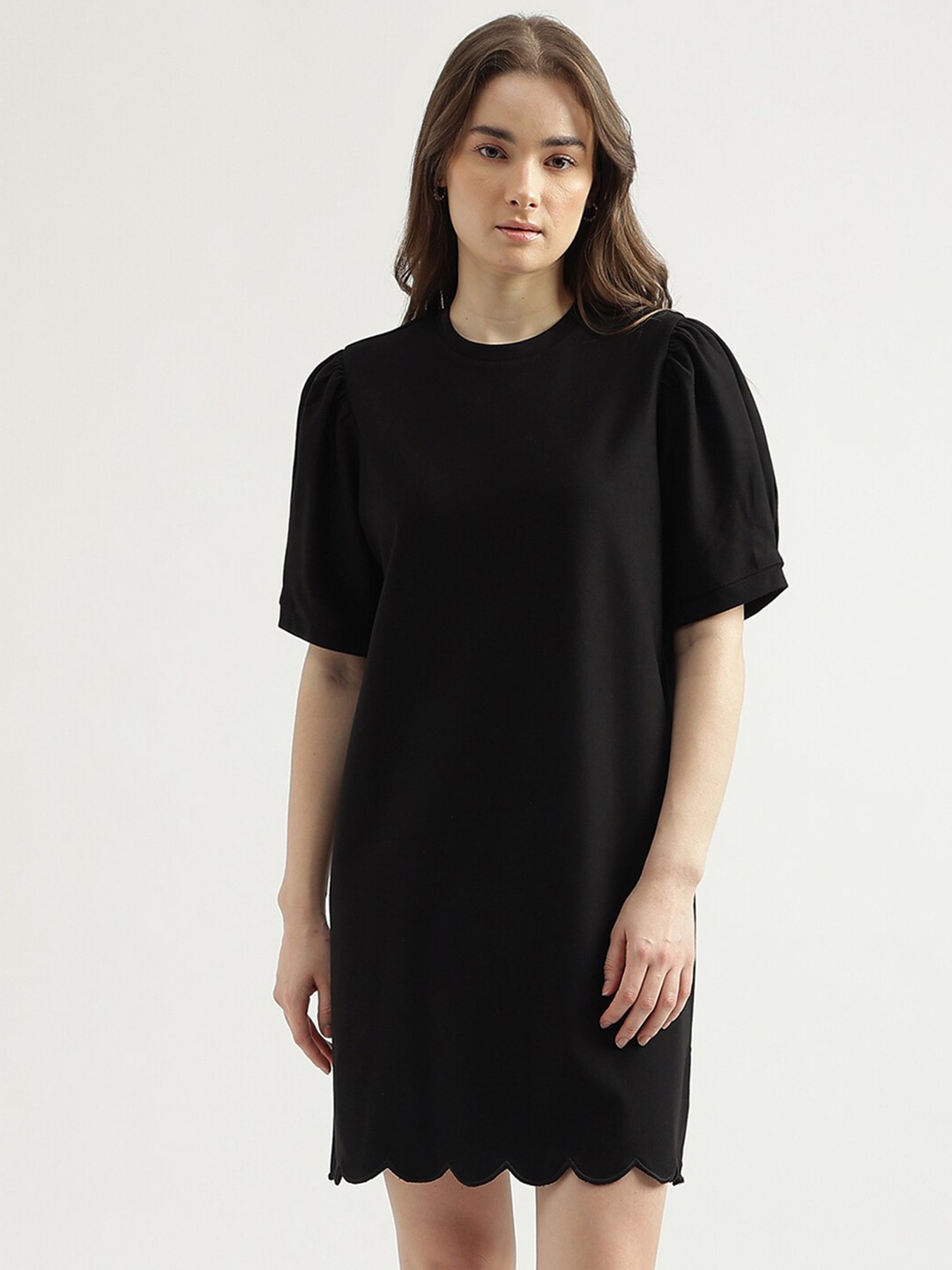 

United Colors of Benetton Puff Sleeves A-Line Dress, Black