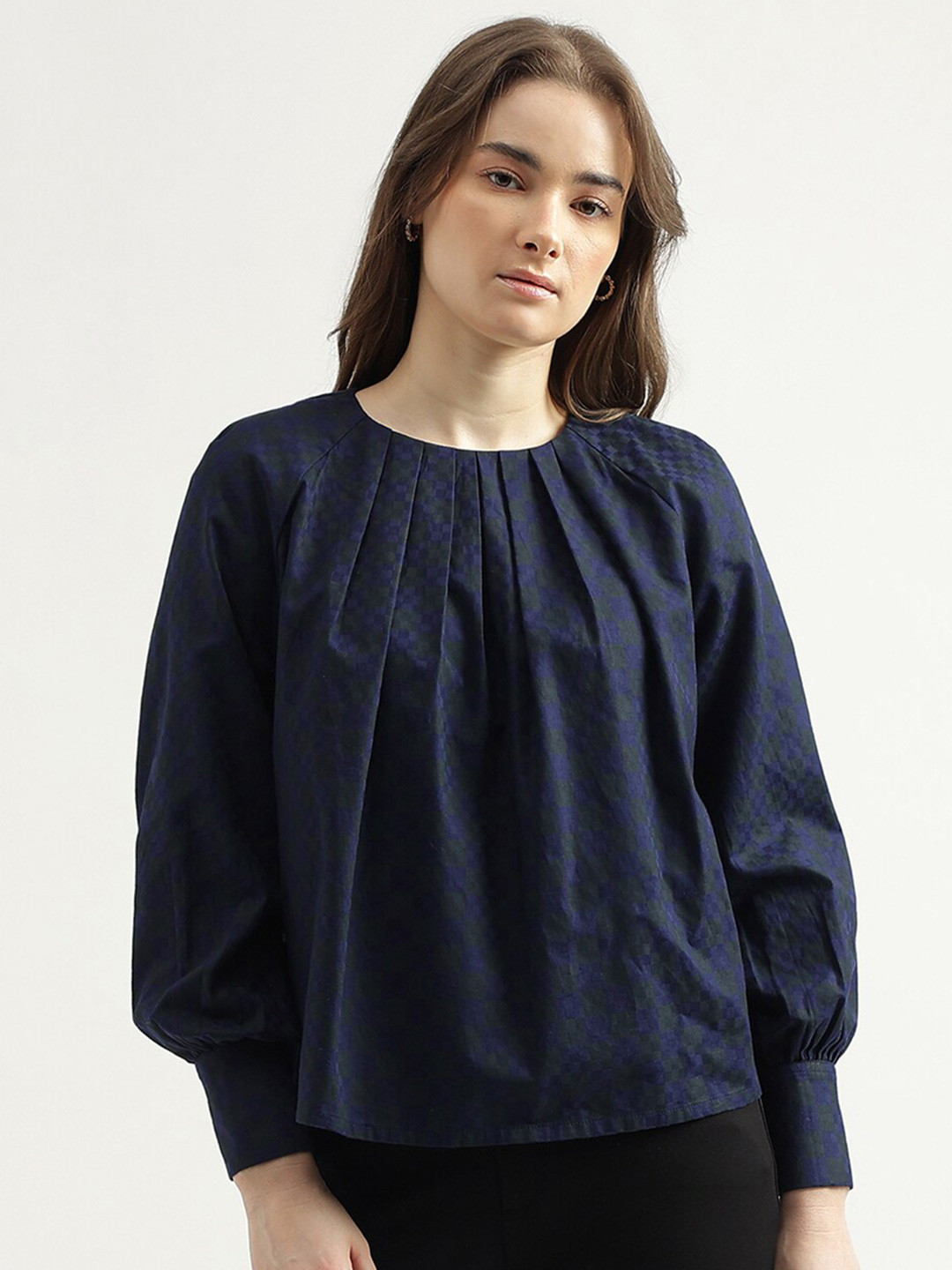 

United Colors of Benetton Checked Raglan Sleeves Cotton Top, Navy blue