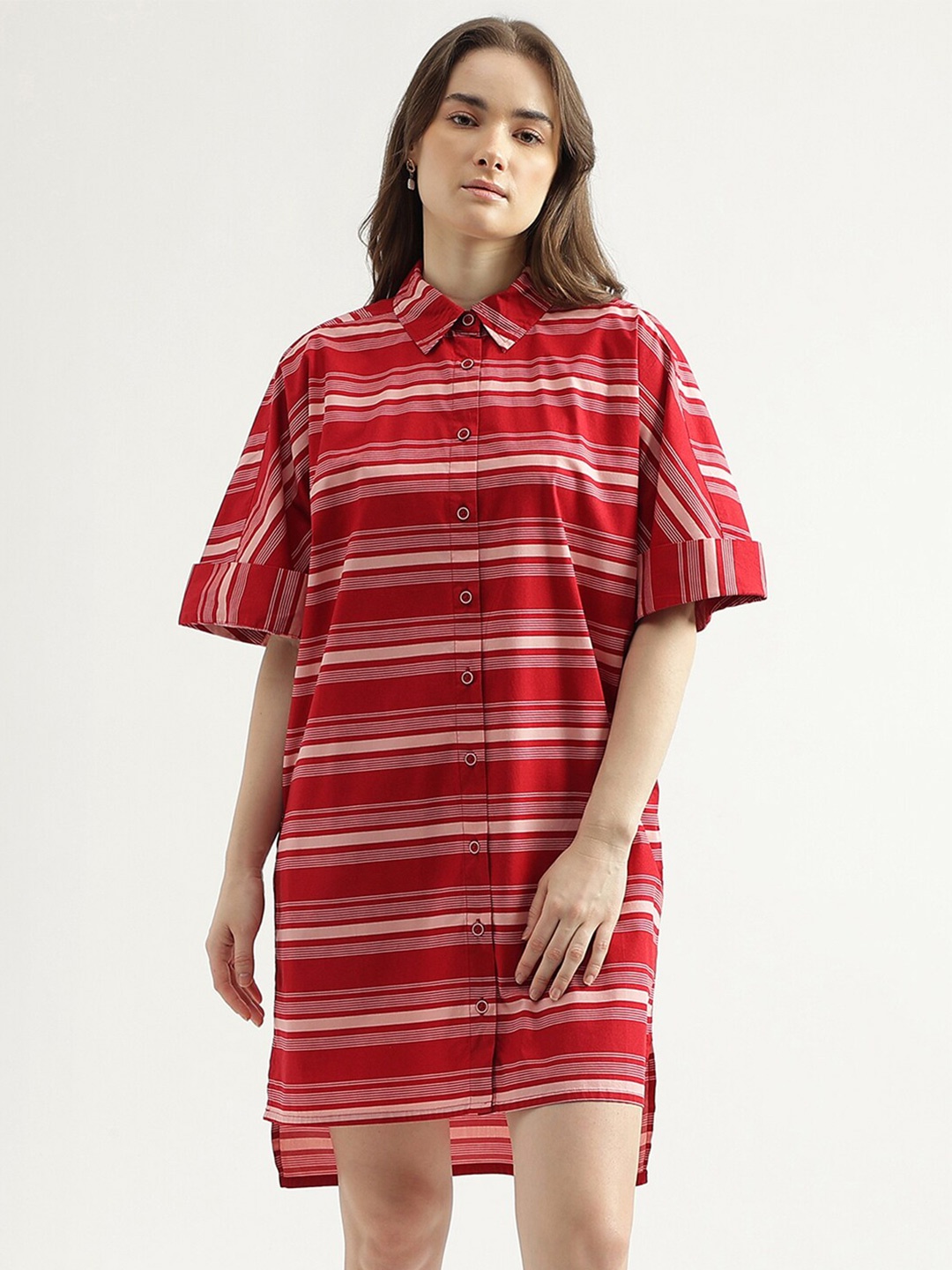 United Colors of Benetton Striped Spread Collar Cotton Shirt Dress, Red