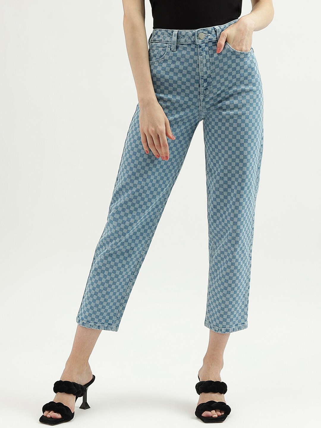 

United Colors of Benetton Women Mid-Rise Checked Jeans, Blue