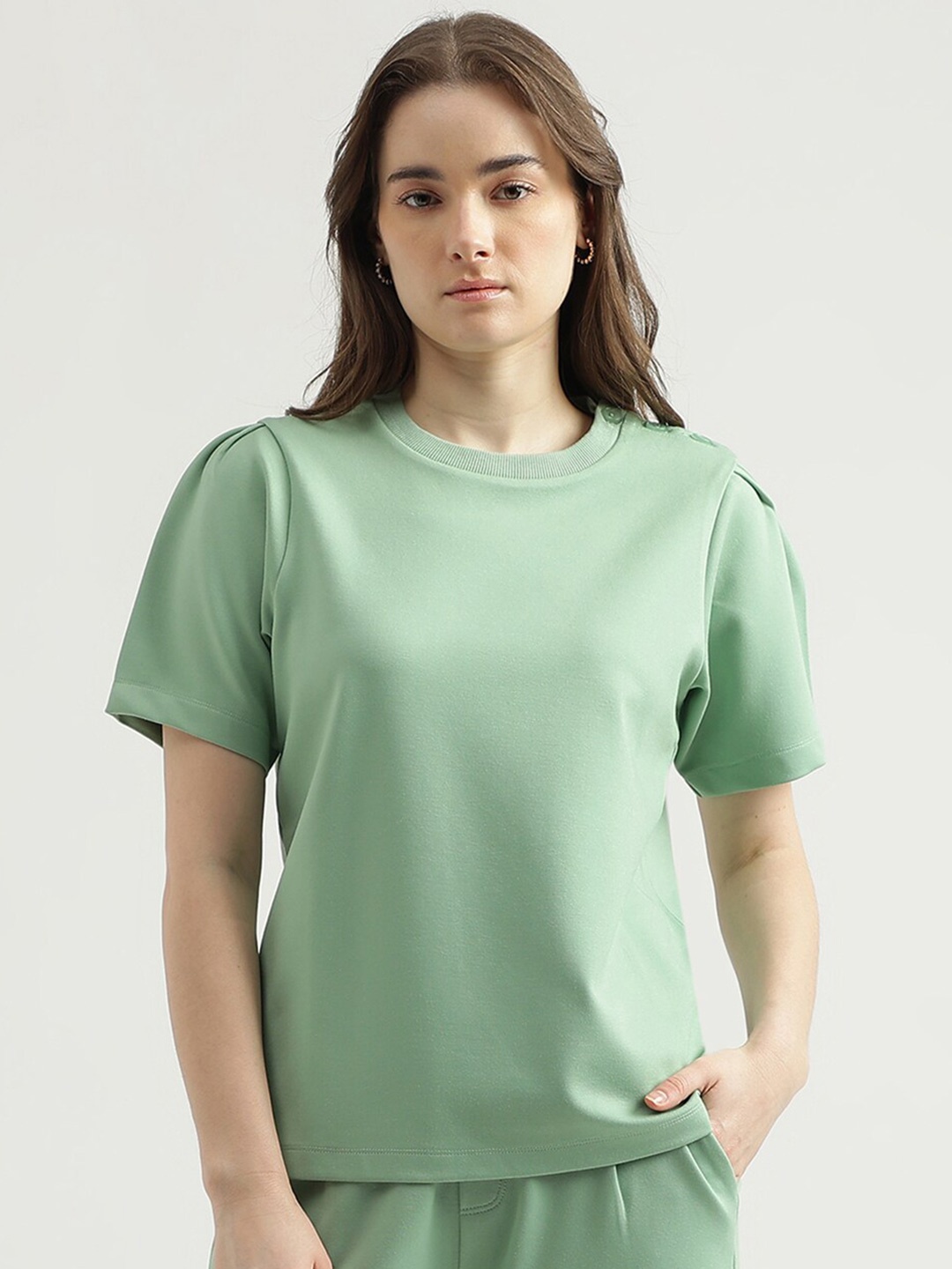 

United Colors of Benetton Puff Sleeves Round Neck Top, Green