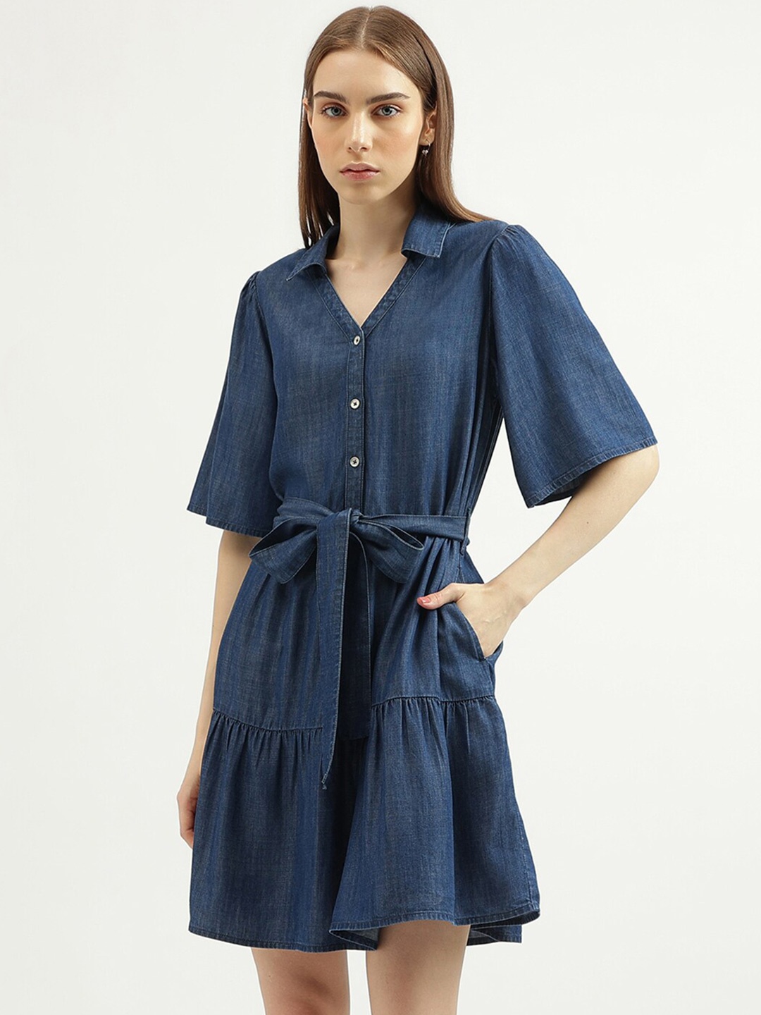 United Colors of Benetton Flared Sleeves Belted Fit & Flare Dress, Blue