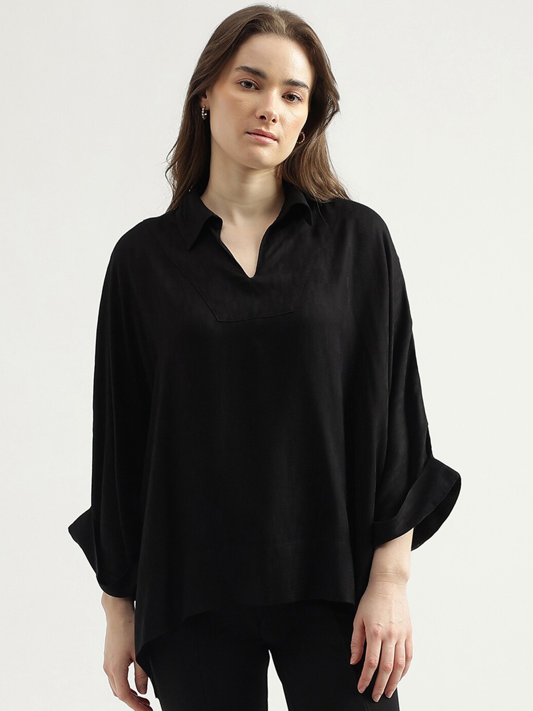 

United Colors of Benetton Spread Collar Shirt Style Top, Black