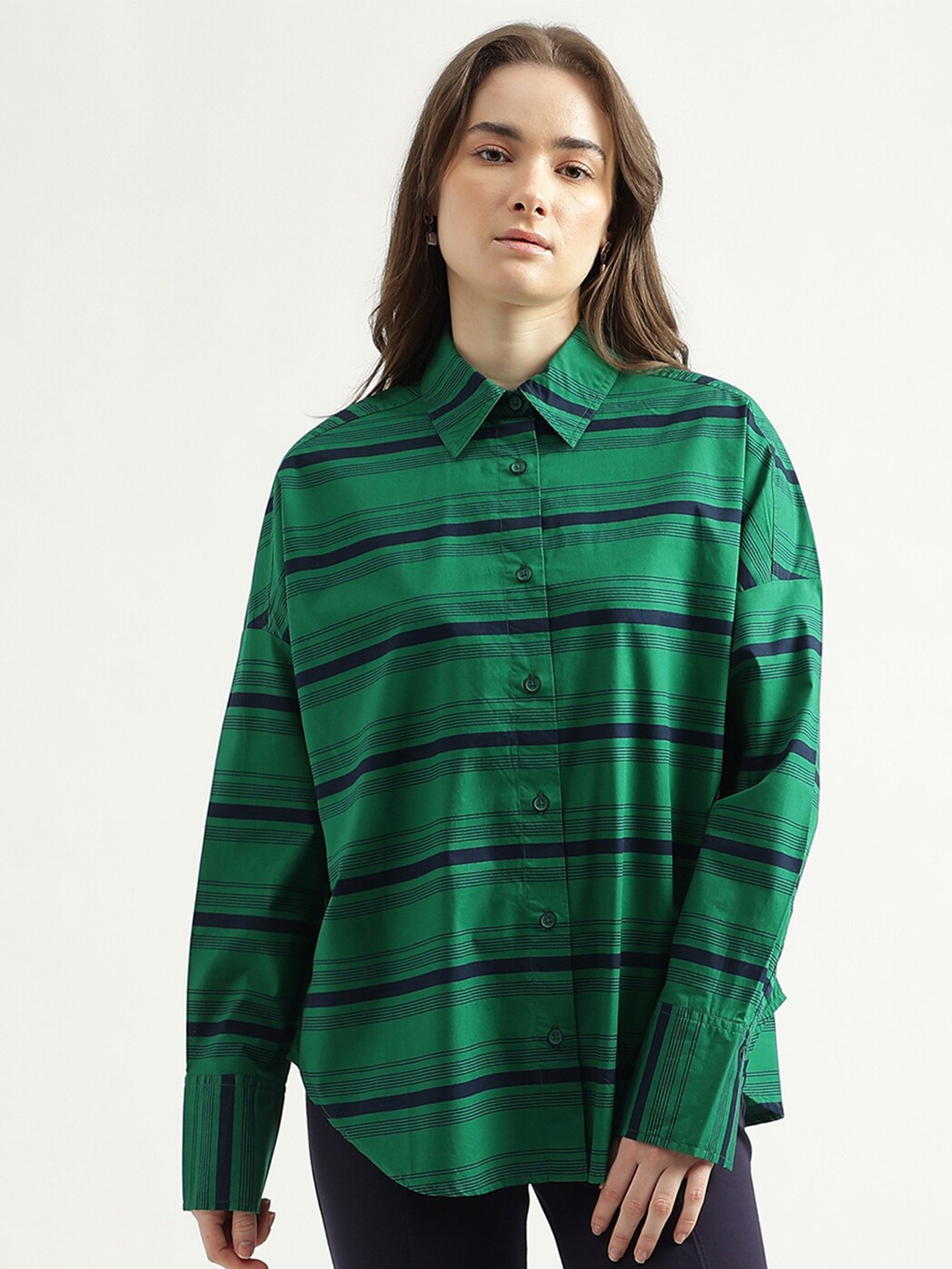

United Colors of Benetton Horizontal Striped Drop Shoulder Sleeves Cotton Casual Shirt, Green