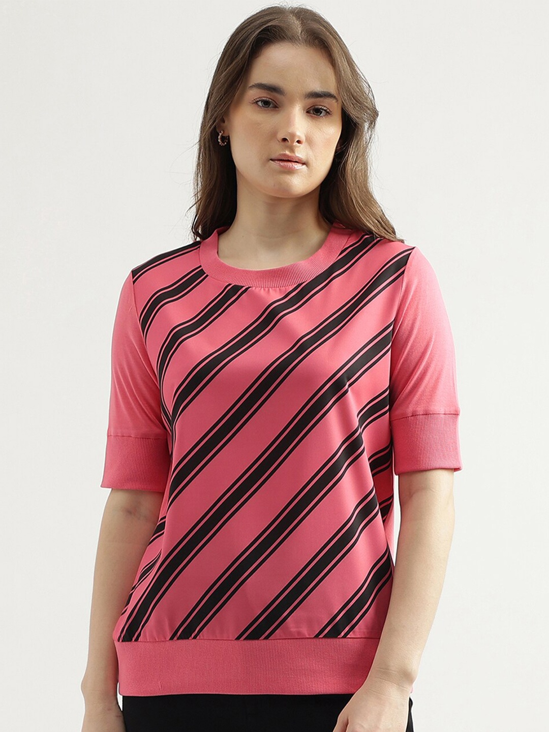 United Colors of Benetton Striped Regular Fit Round Neck Top, Pink