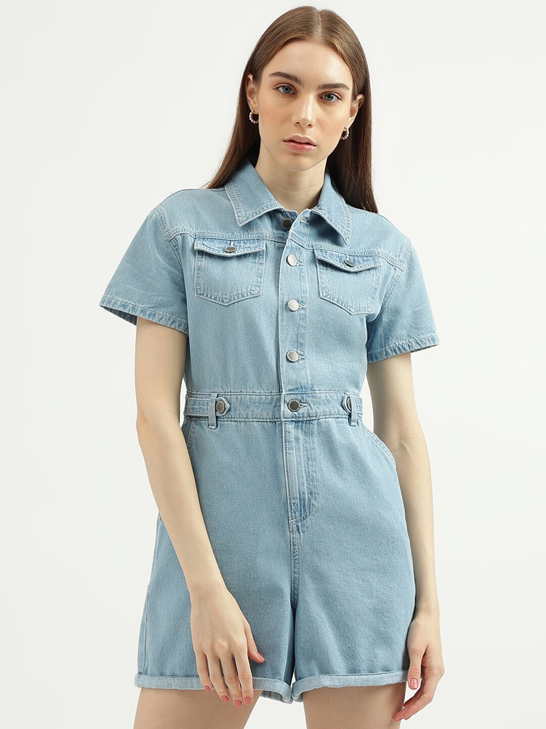 

United Colors of Benetton Shirt Collar Cotton Playsuit, Blue