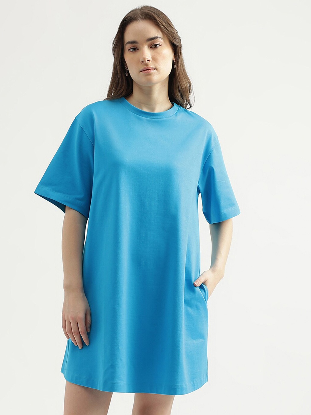 United Colors of Benetton Round Neck Cotton T-Shirt Dress, Blue
