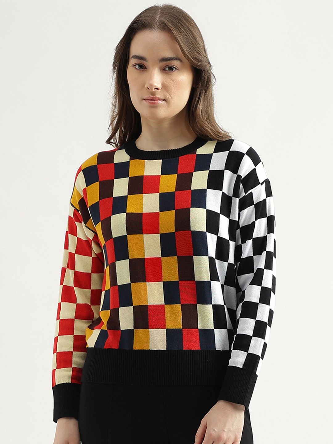

United Colors of Benetton Checked Cotton Pullover, Black