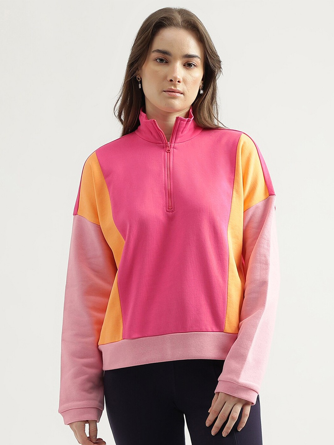 

United Colors of Benetton Colourblocked Mock Neck Sweatshirt, Pink