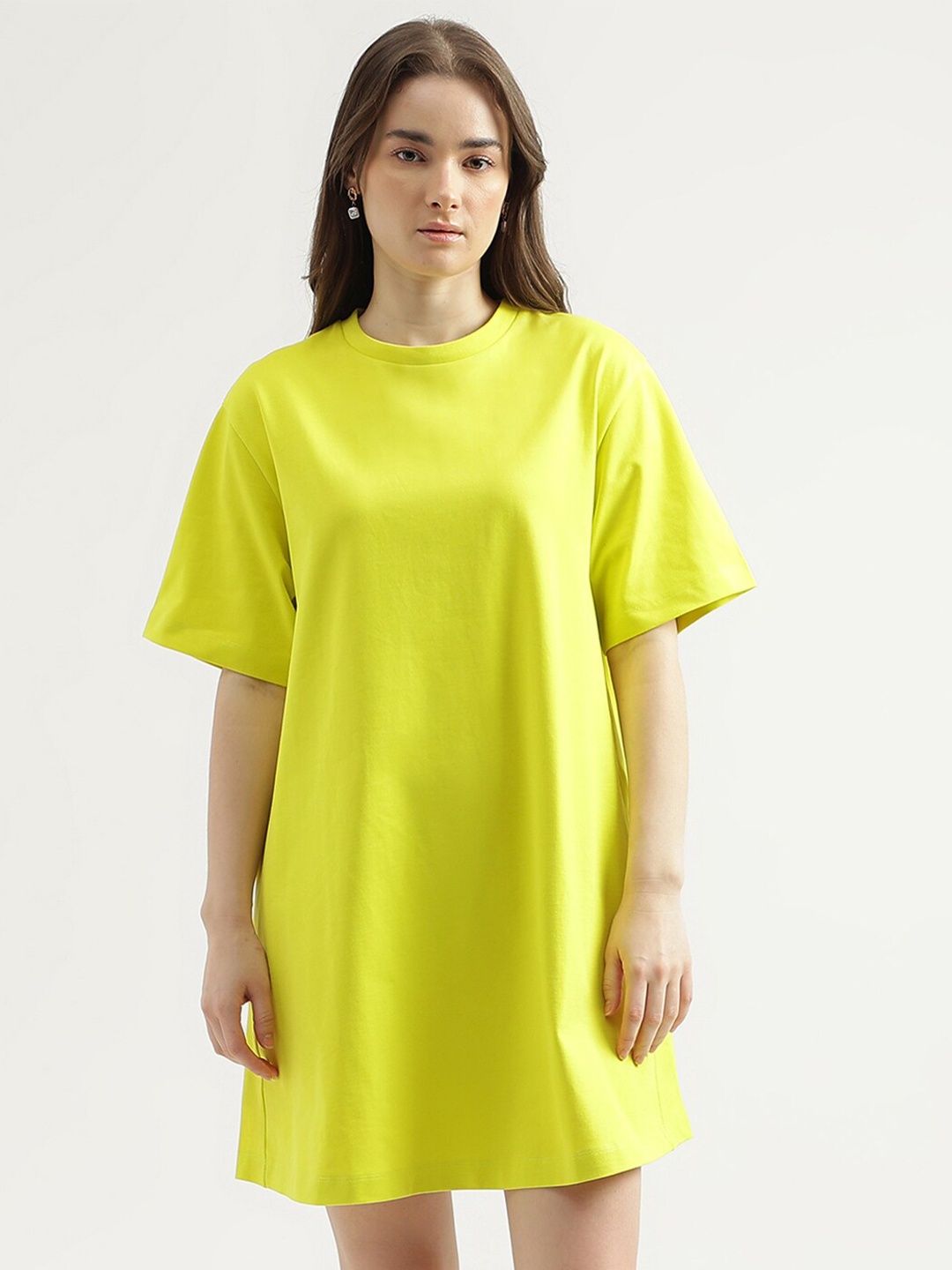 United Colors of Benetton Round Neck Cotton T-Shirt Dress, Yellow