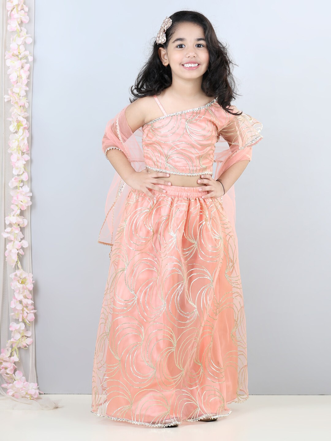 

Cutiekins Girls Embellished Ready to Wear Lehenga & Blouse With Dupatta, Peach