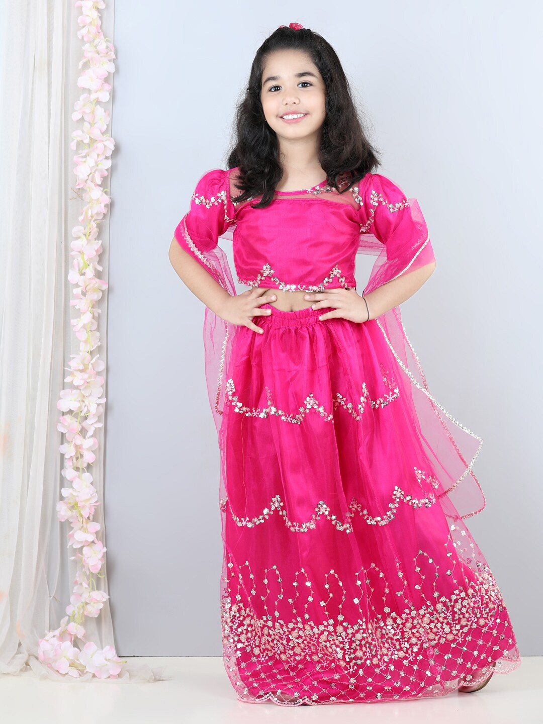 

Cutiekins Girls Embellished Ready to Wear Lehenga & Blouse With Dupatta, Fuchsia