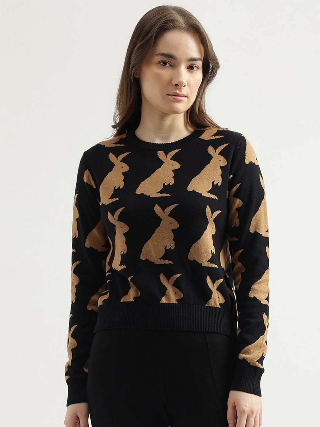 

United Colors of Benetton Conversational Self Design Cotton Pullover, Black