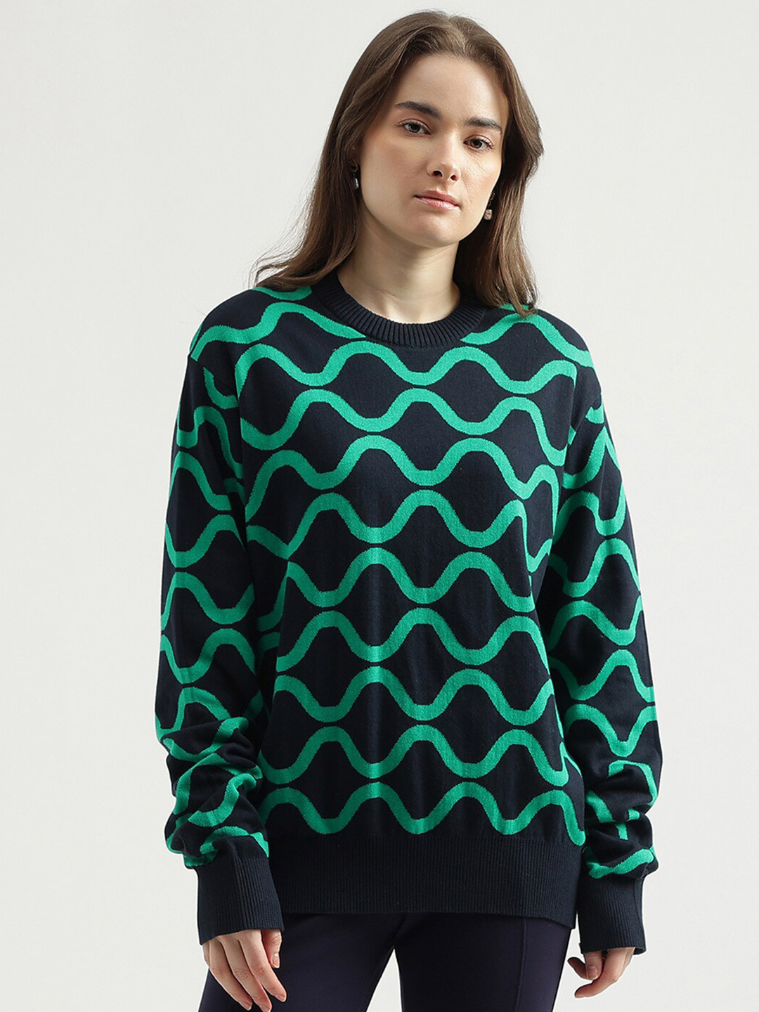 

United Colors of Benetton Geometric Self Design Cotton Pullover, Navy blue