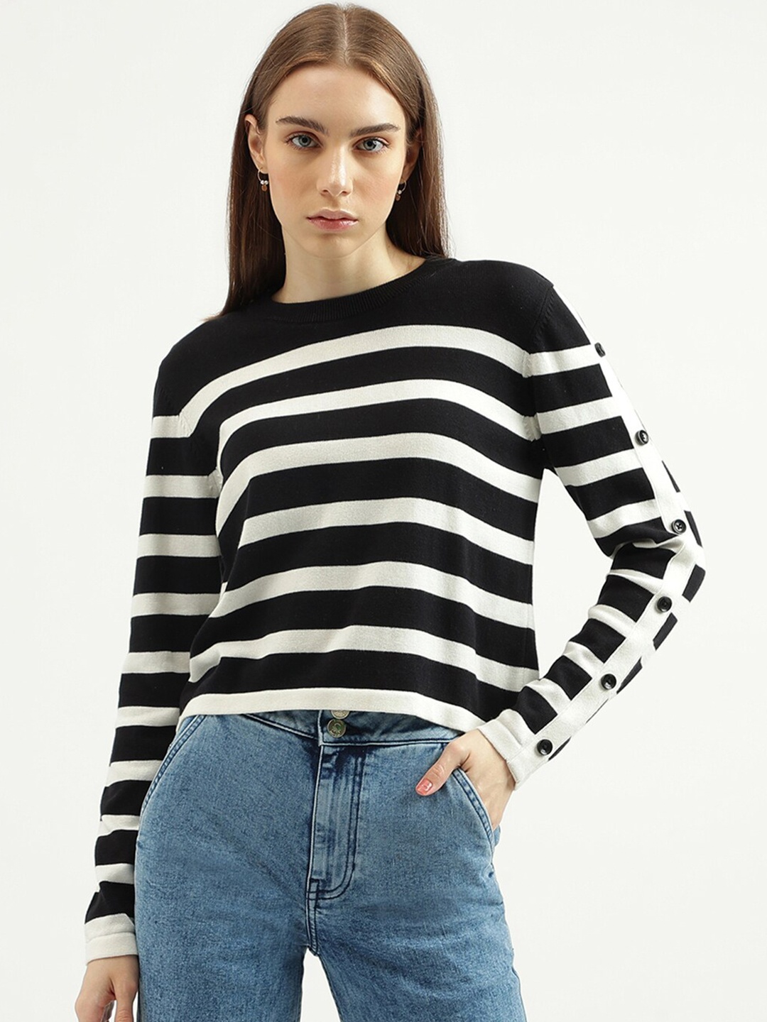 

United Colors of Benetton Striped Cotton Pullover, Black