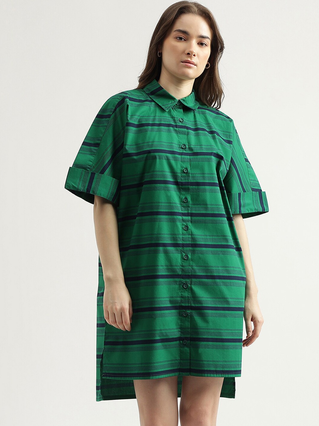 United Colors of Benetton Striped Cotton High Low Shirt Style Dress, Green